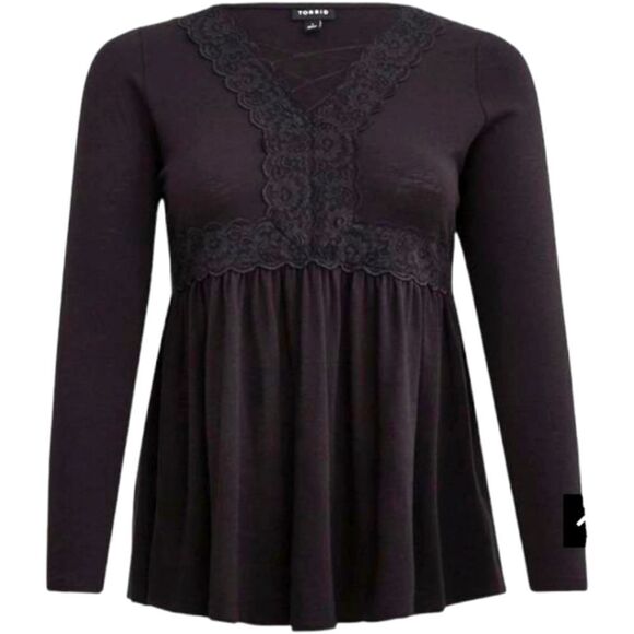 TORRID PLUS SIZE Black Babydoll Super Soft V-Neck Lace-up Lace Trim Top. 2X - Picture 9 of 16